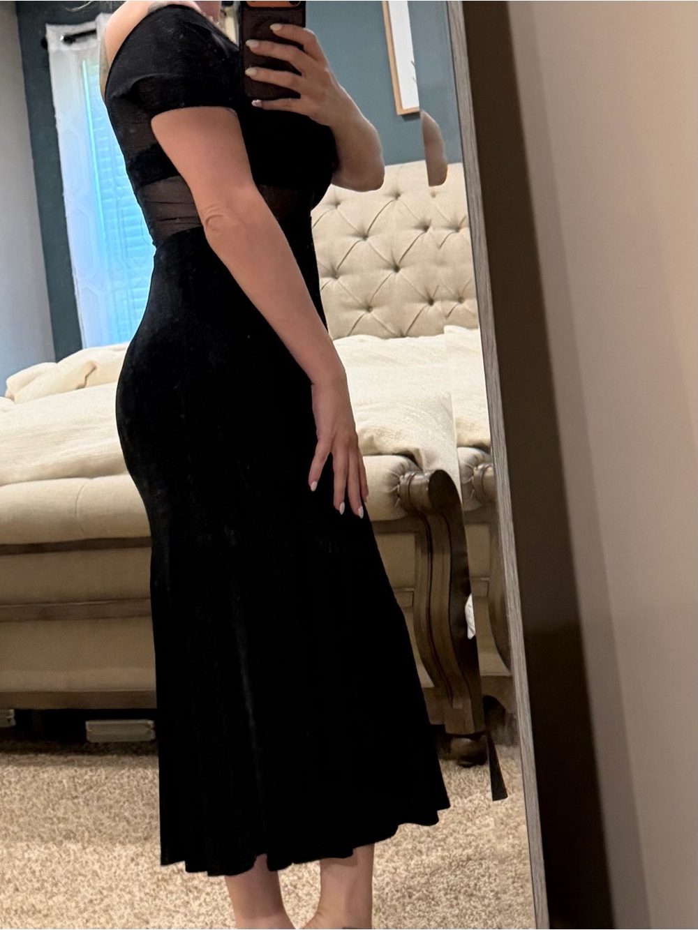 Vintage 90s Off-Shoulder Black Fishtail Mermaid Midi Dress W/ Sheer Mesh Panels - Picture 7 of 8